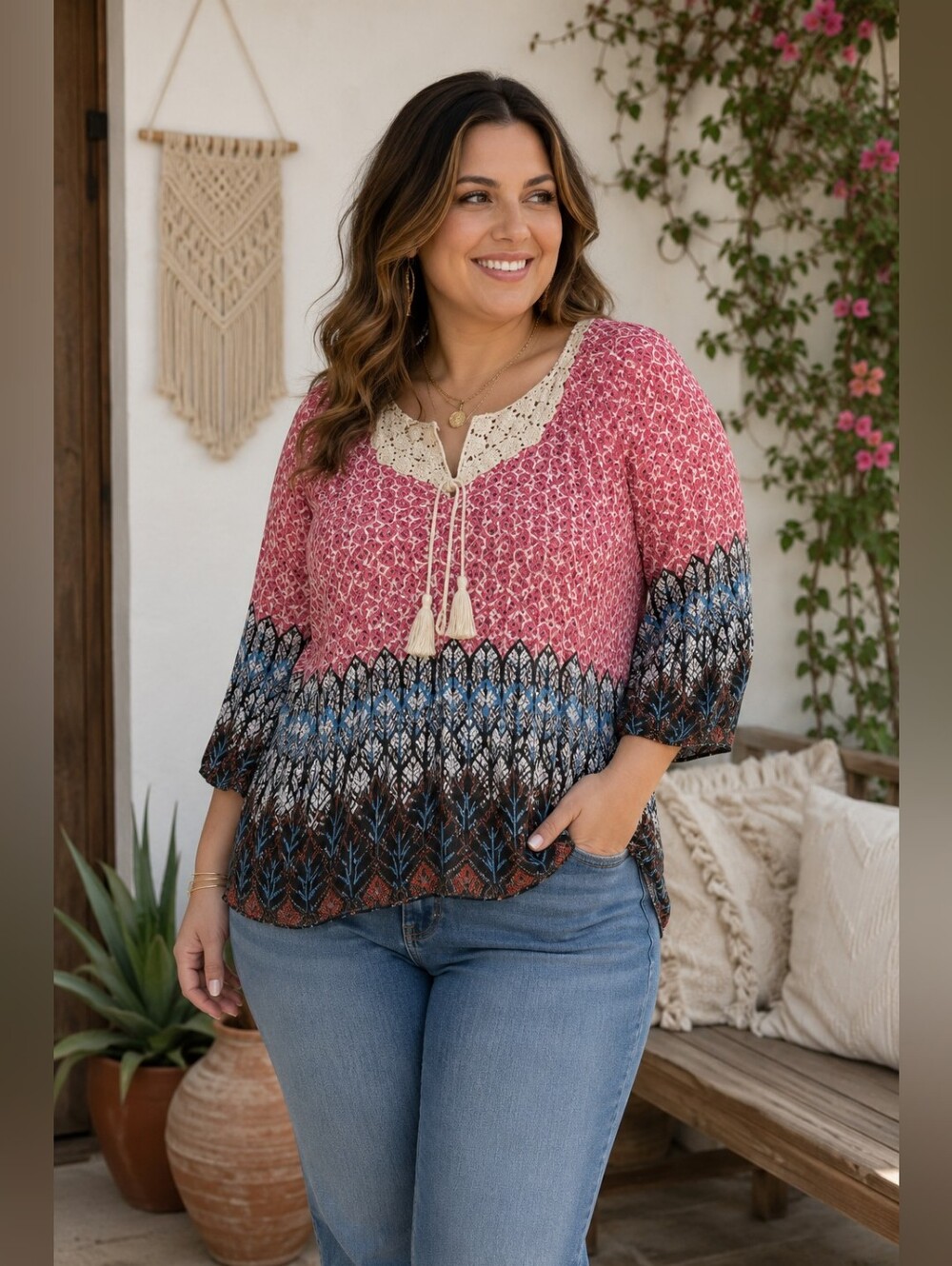 Rock & Roll Cowgirl Crochet Collar Pesant Blouse Size Large Sheer Boho EUC
